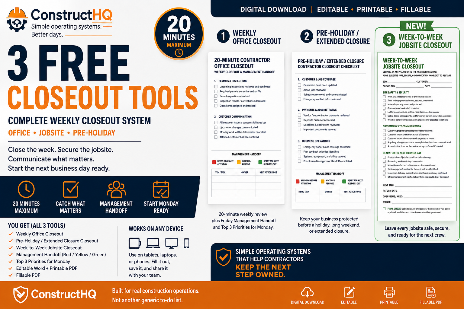 FREE Contractor Weekly Closeout System | Office, Jobsite & Pre-Holiday Checklists